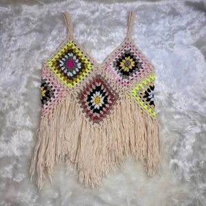 Sewn Seen Crochet Granny Square Fringe Tank Top Neon Boho Festival Fray Medium